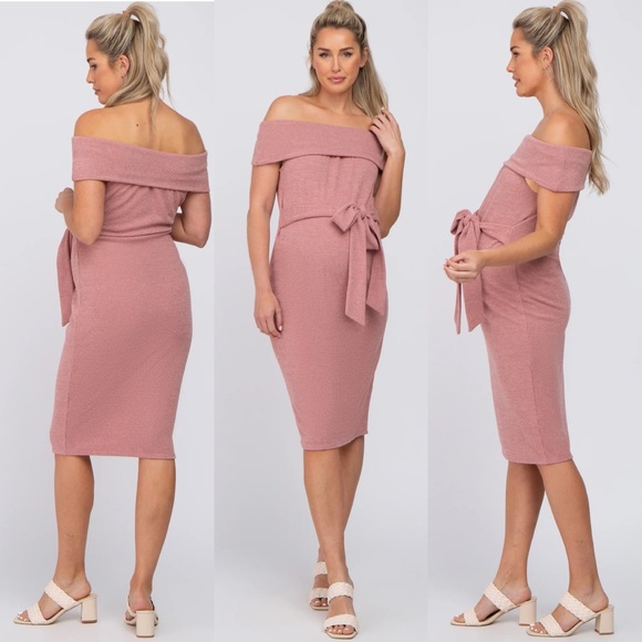 Pinkblush Heathered Mauve Folded Off Shoulder Waist Tie Maternity Midi Dress - Picture 10 of 10